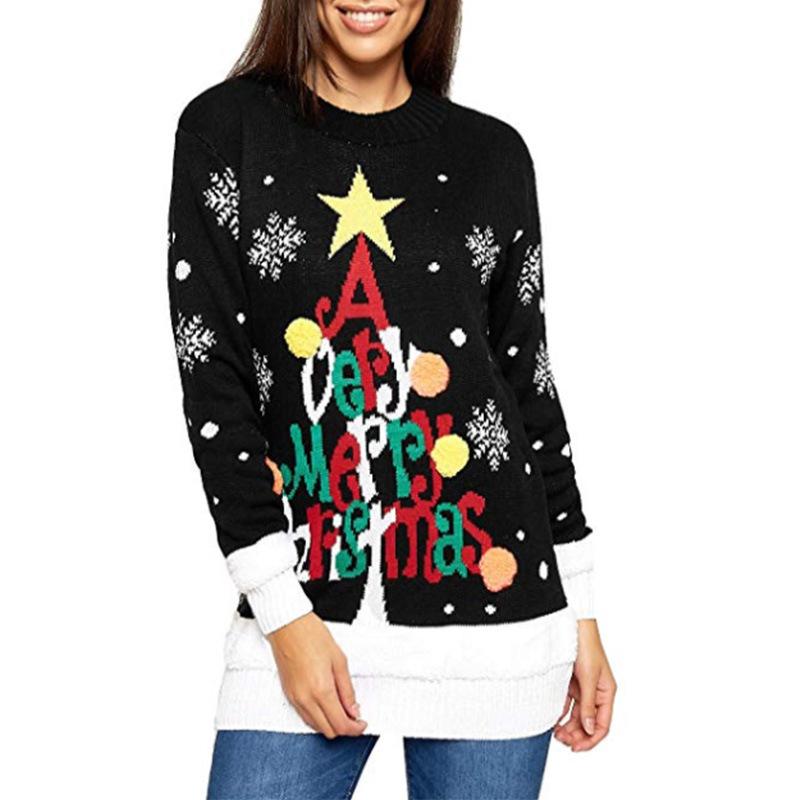 Designer Women Christmas Tree Letter Jacquard Knit Pullover Sweater Loose Round Neck Long Sleeve Red Black S-XXL
