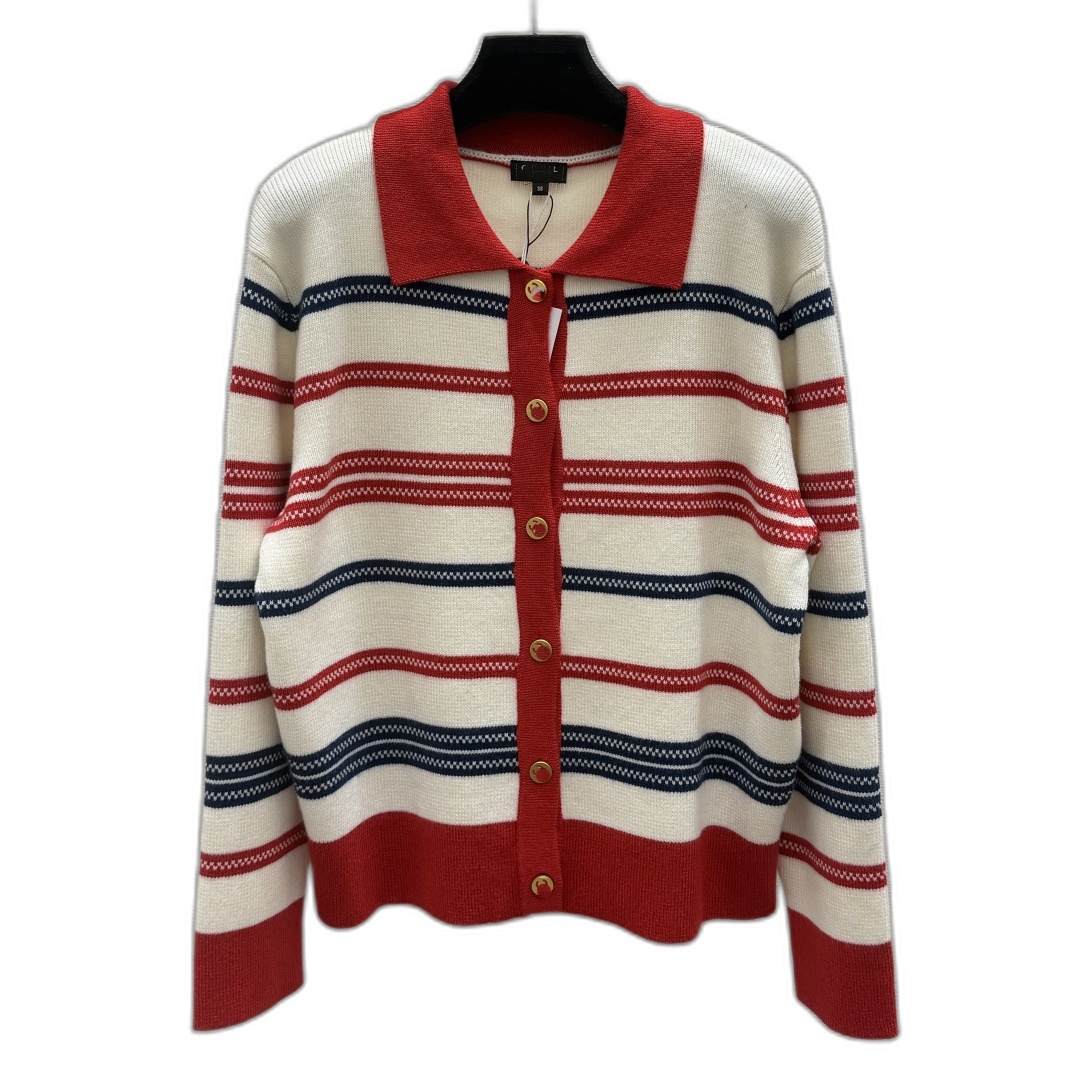 Striped Collar CC Knit Sweater Women Designer Contrast Edge Button Up Pocket Knit Cardigan For Casual Commute S-XL