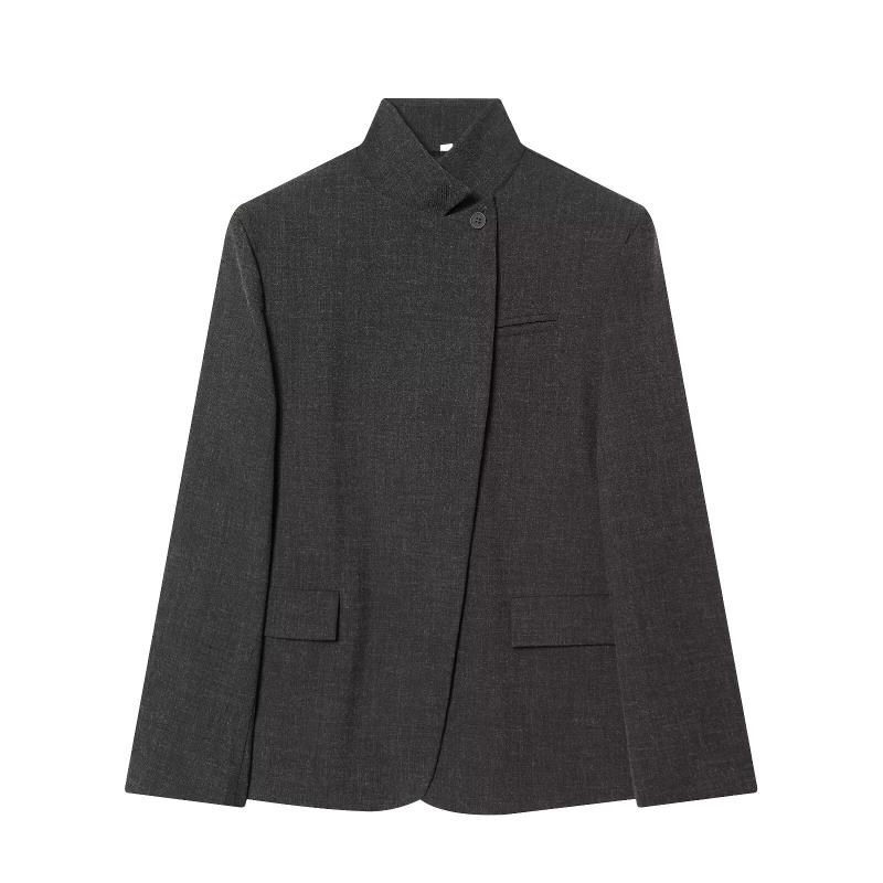 Designer Plaid Mélange de Lin Blazer Veste À Manches Longues Col Montant Simple Boutonnage Casual Lâche Streetwear Printemps Automne Vêtements D'