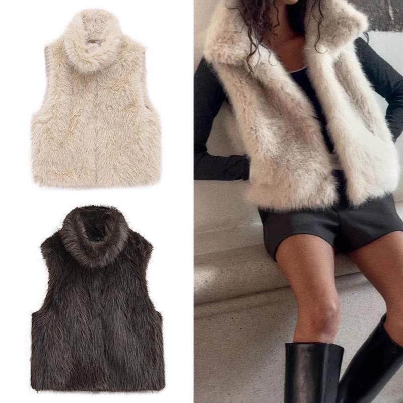 Designer Women's Faux Fur Vest, Sleeveless Zip-Up Solid Color Lapel Casual Street-Style Winter Outerwear