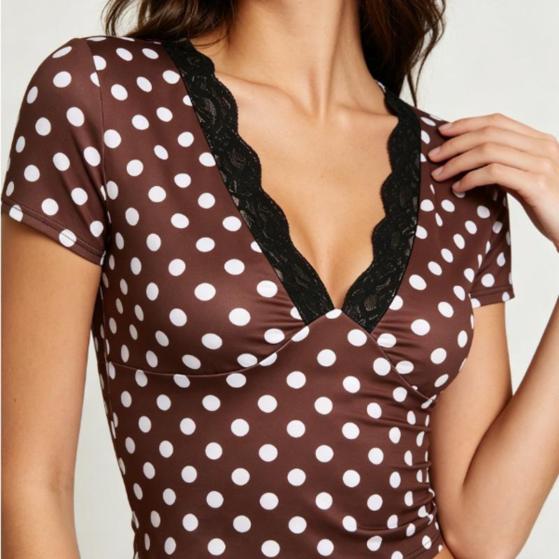 T-Shirt manches courtes col en V à pois pour femmes, Streetwear, Sexy, Slim, haut d'été, nouvelle collection 2026, fête, Club, tenue quotidienne