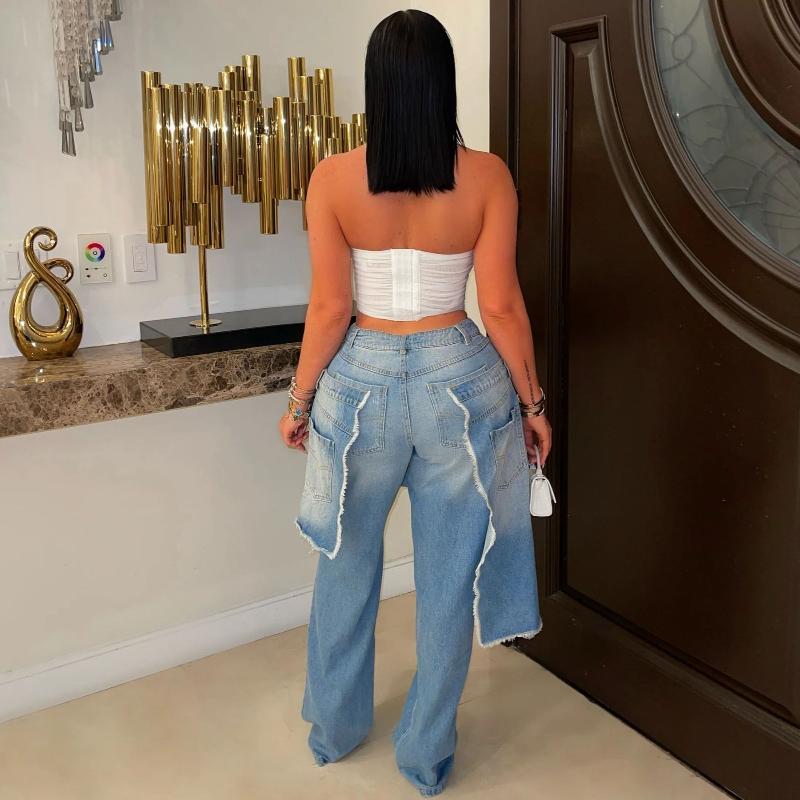 Oversized Women's Autumn Winter Straight Leg Jeans Distressed Spliced Ripped Loose Denim Pants Streetwear