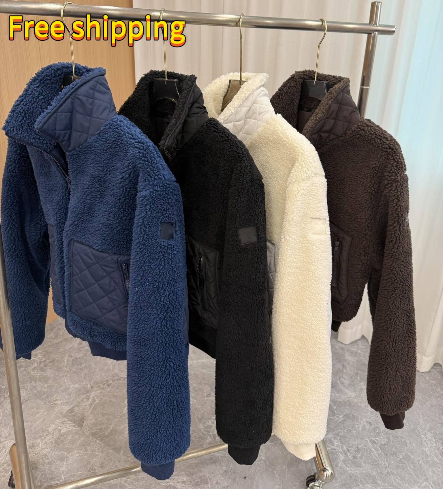 Designer Women's Lamb Wool Hair Jack Navy Blue Fleece Coats Zipper Thick Winter Coat Cotton Crop Tops Hoodie Clothes Clubhouse Puffer Jacket Le