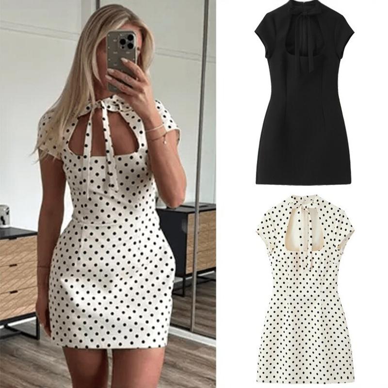 Designer Women's Polka Dot Dress, Tie Neck Short Sleeve, High Waist Slim Bodycon Elegant French Style 2026 Summer Collection