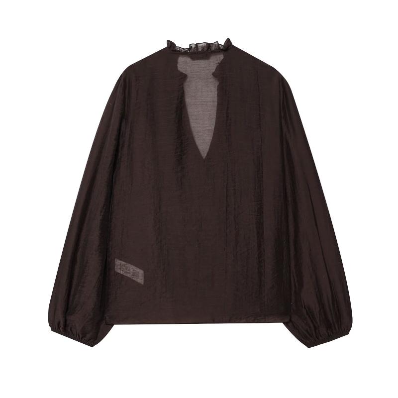 Ladies Frilled Polka Dot Shirt V Neck Ruffle Placket Design Full Button Front Allover Dot Pattern Elasticated End Cuffs Relaxed Long Sleeve Blouse