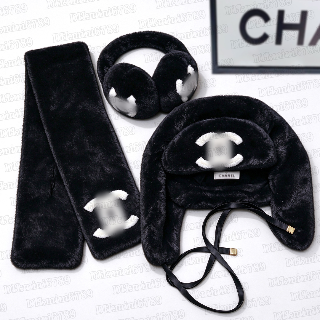Designer Chanear ear Scarf 3 Piece Set High quality earmuffs Soft Furry Luxury Classic Ear Cover Bag Earmuffs For Women Winter Windproof Outdoor Dai