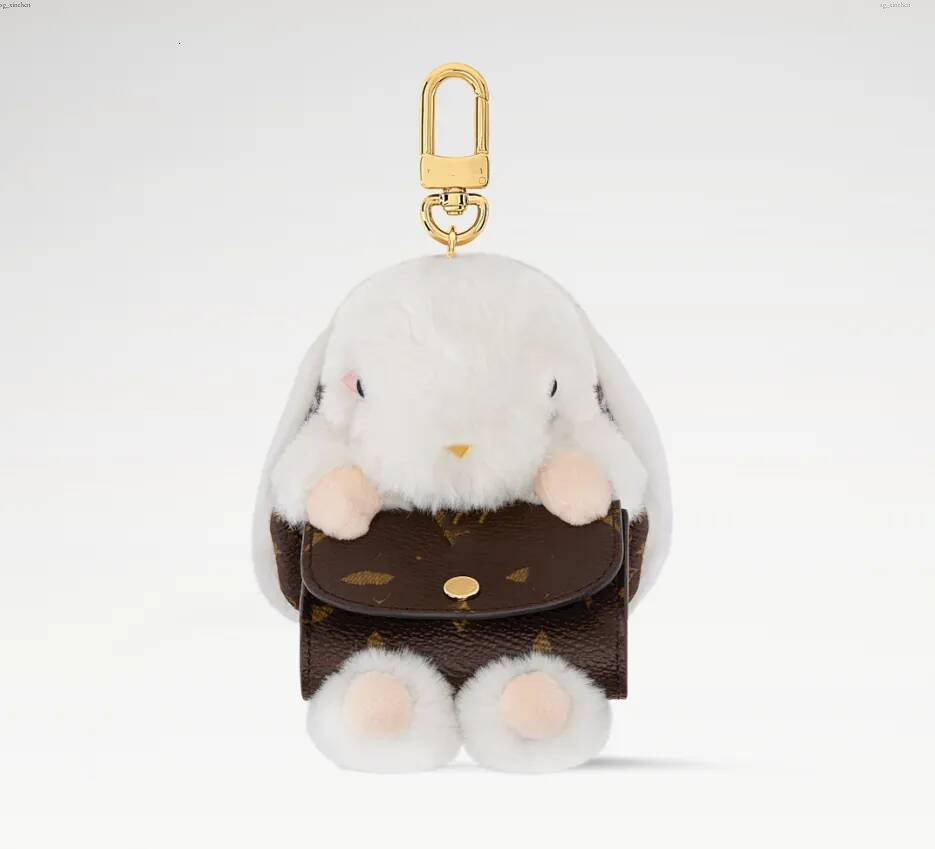 With BOX BUNNY Designer Keychains Fashion Lanyards Furry Cute Doll Luxury Bag Charms Earphone Case Women Girls Accessories