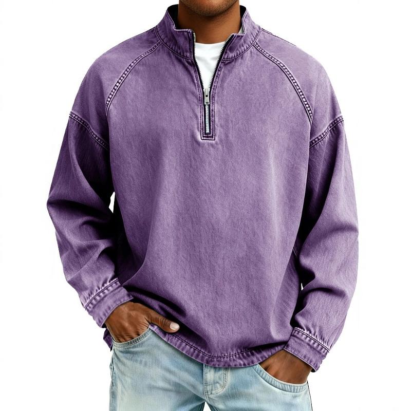 Chemise en Denim pour hommes, coupe ample, demi-fermeture éclair, col montant, manches longues Raglan, Denim bleu délavé, pull décontracté pour t