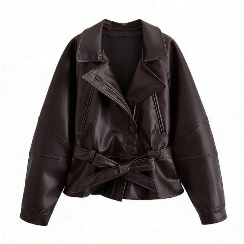 Veste courte ceinturée en similicuir de créateur, fermeture éclair à revers, manches longues, vêtements d'extérieur d'automne