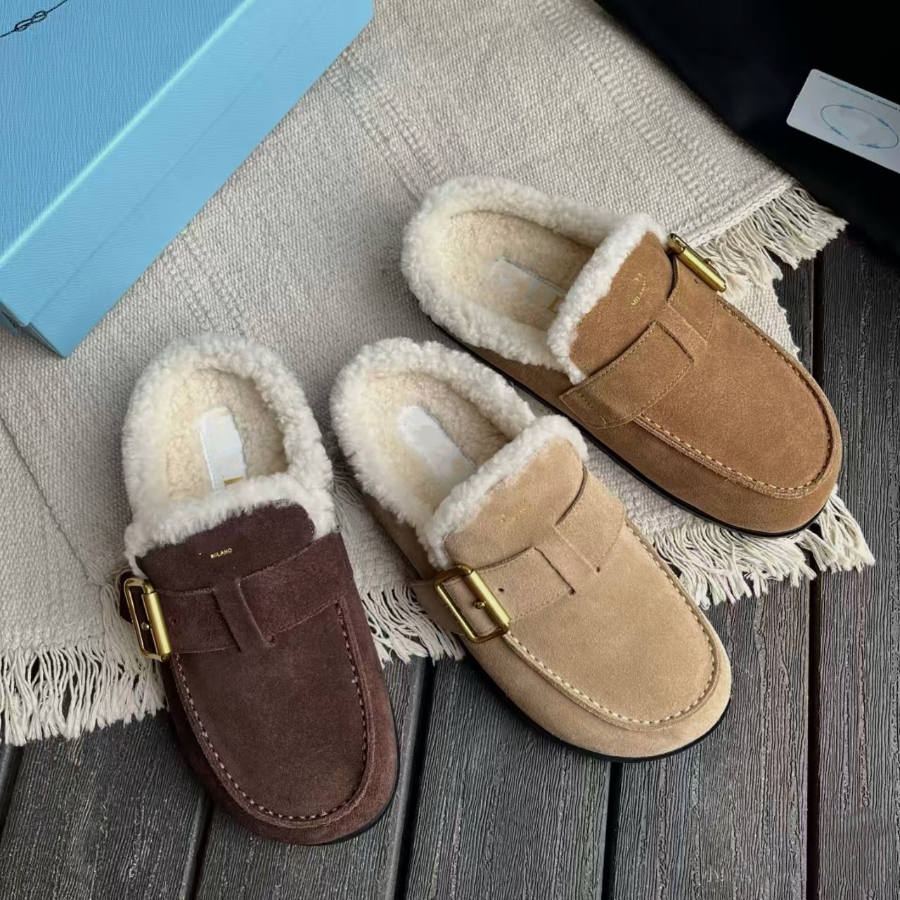 Winter Fluffy Slippers designer shoe slides Women fluffy shearg sandals Suede leather Loafers fur slide shearling slipper trendy warm women colgs Mu