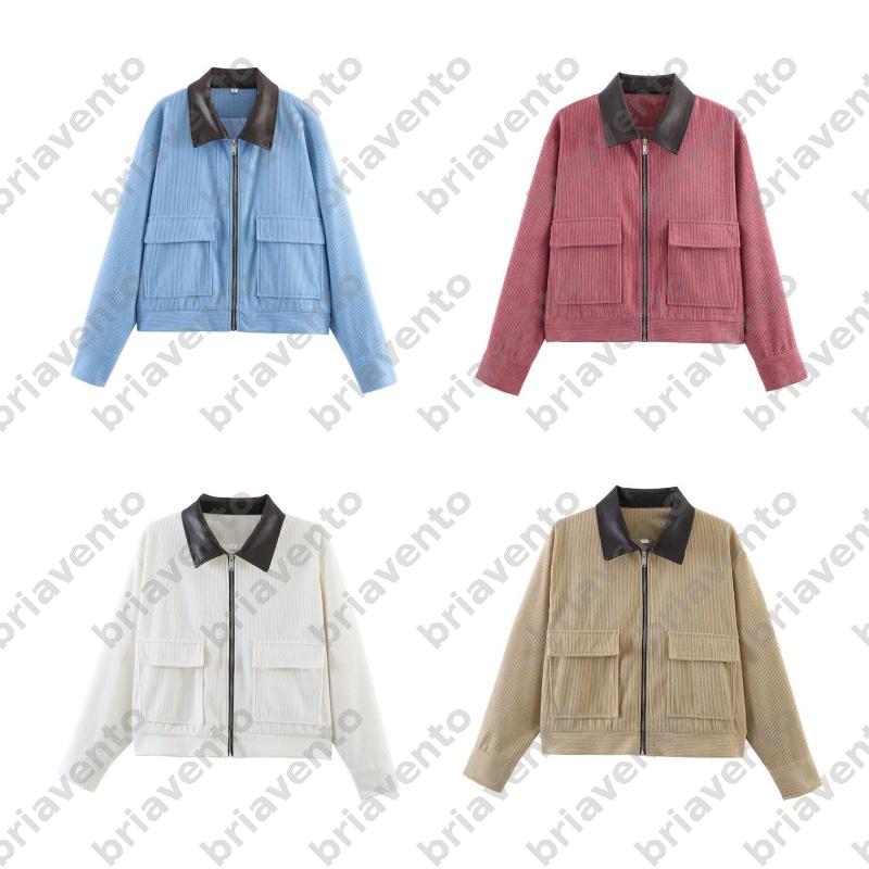 Veste Vintage en velours côtelé à manches longues pour femmes, Design à revers en Faux cuir, fermeture éclair complète sur le devant, poches plaq