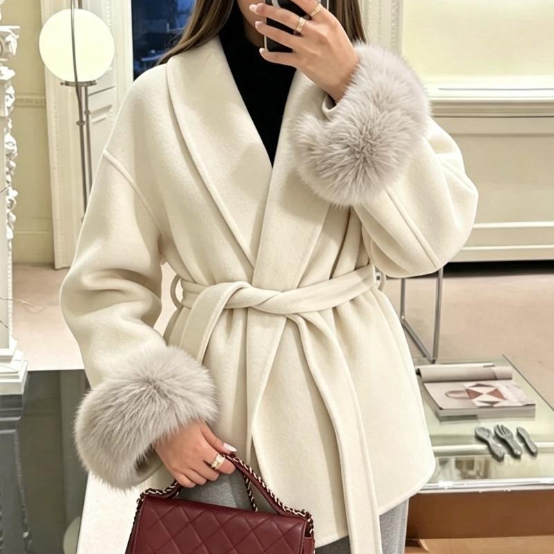 Designer Women's Short Double-Faced Wool Blend Coat Lace-Up Patchwork Fox Fur Cuff Elegant Commuter Winter Outerwear