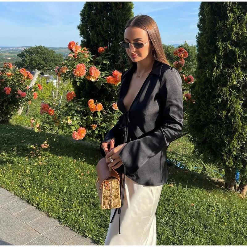 Womens Silky Satin Shirt Lapel Collar Deep Plunge Front Tie Long Sleeve Top Lightweight Glossy Fabric Slim Waist Adjustable Tie Detail Solid Colo