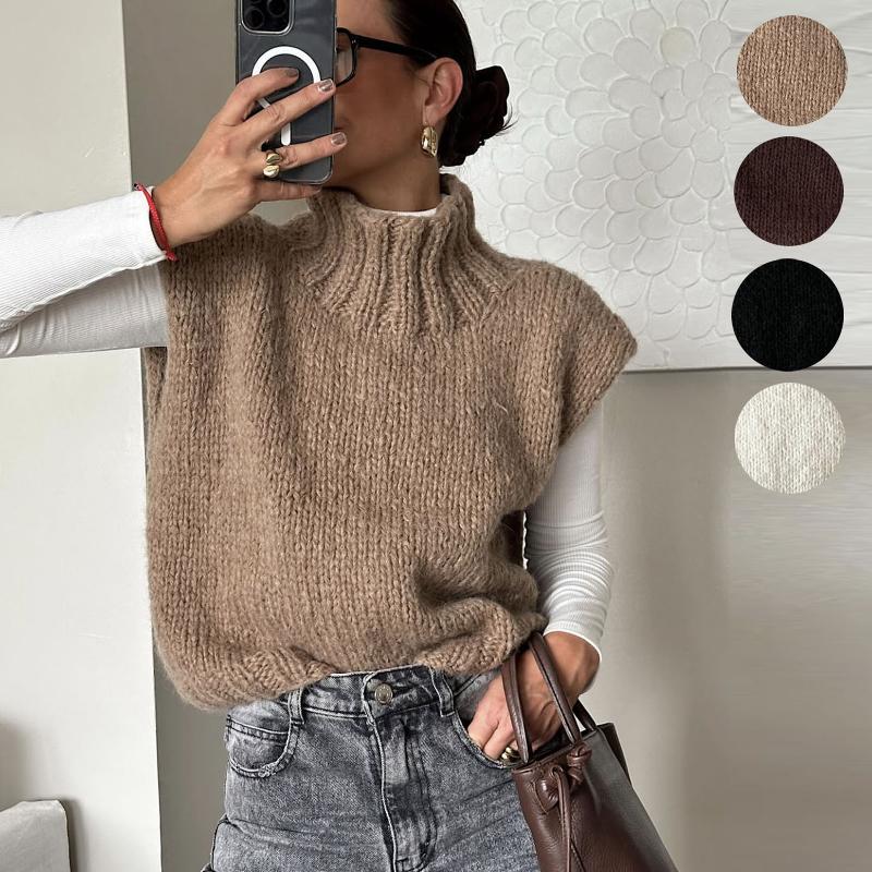 Designer High Quality Women Chunky Knit Turtleneck Vest Sweater Tank Top Solid Sleeveless Loose Pullover Fall Winter Casual