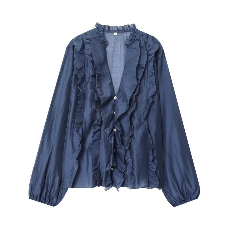 Womens Lightweight Polka Dot Blouse Ruffled V Neck Placket Front Button Fastening Frill Trimming From Collar To Hem Elastic Gathered Cuff Long Sleev