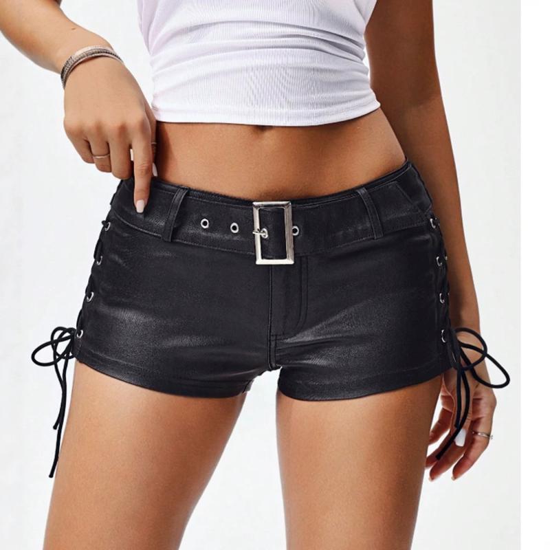 Short en cuir PU taille basse pour femmes, noir, Sexy, ceinture à lacets, œillet, pantalon chaud, Streetwear, fête en Club, été