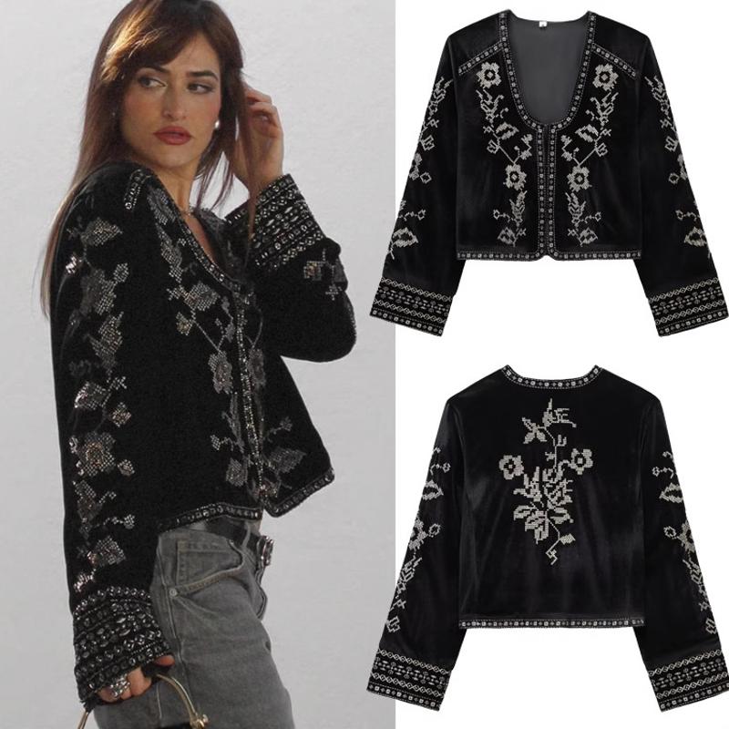 Designer 2026 Spring Women's Embroidered Velvet Long-Sleeve Coat, Black Loose Street-Style Casual Outerwear