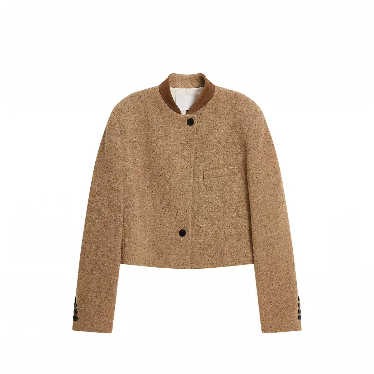 Veste courte rétro en mélange de laine, manteau décontracté à col ras du cou