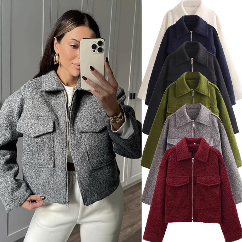 Veste courte décontractée zippée pour femmes, couleur unie, coupe ample, Streetwear d'automne, vêtements d'extérieur avec poches, manches longues