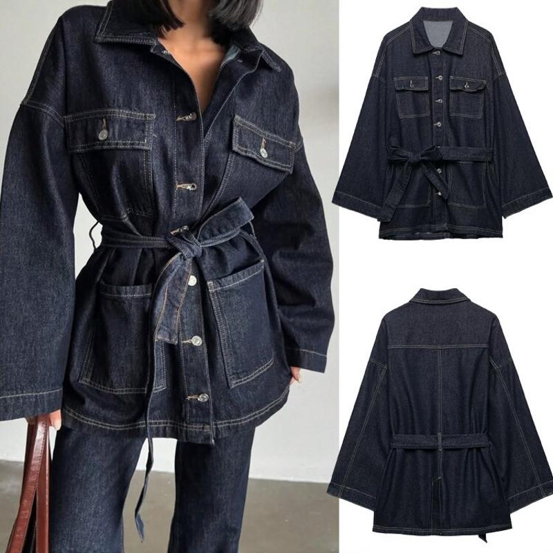 Women's Designer Denim Jacket Belted Waist Turn-Down Collar Long Sleeve Loose Casual Streetwear Spring Autumn Outerwear