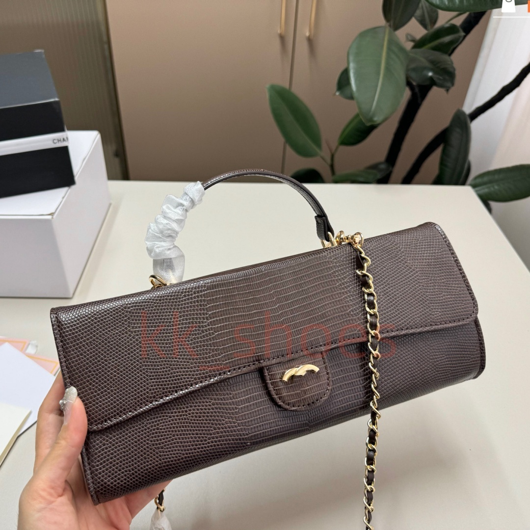 Luxury Designer Lizard Embossed Quilted Leather Clutch Bags Women Classic Top Handle Shoulder Bag Gold Metal Woven Chain Flap Evening Purse Long Wal