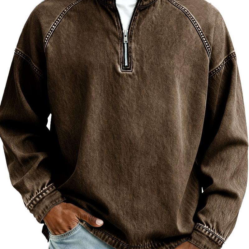 Sweat-shirt en jean à col montant et fermeture éclair pour homme, détail de couture raglan, haut décontracté en denim bleu délavé clair