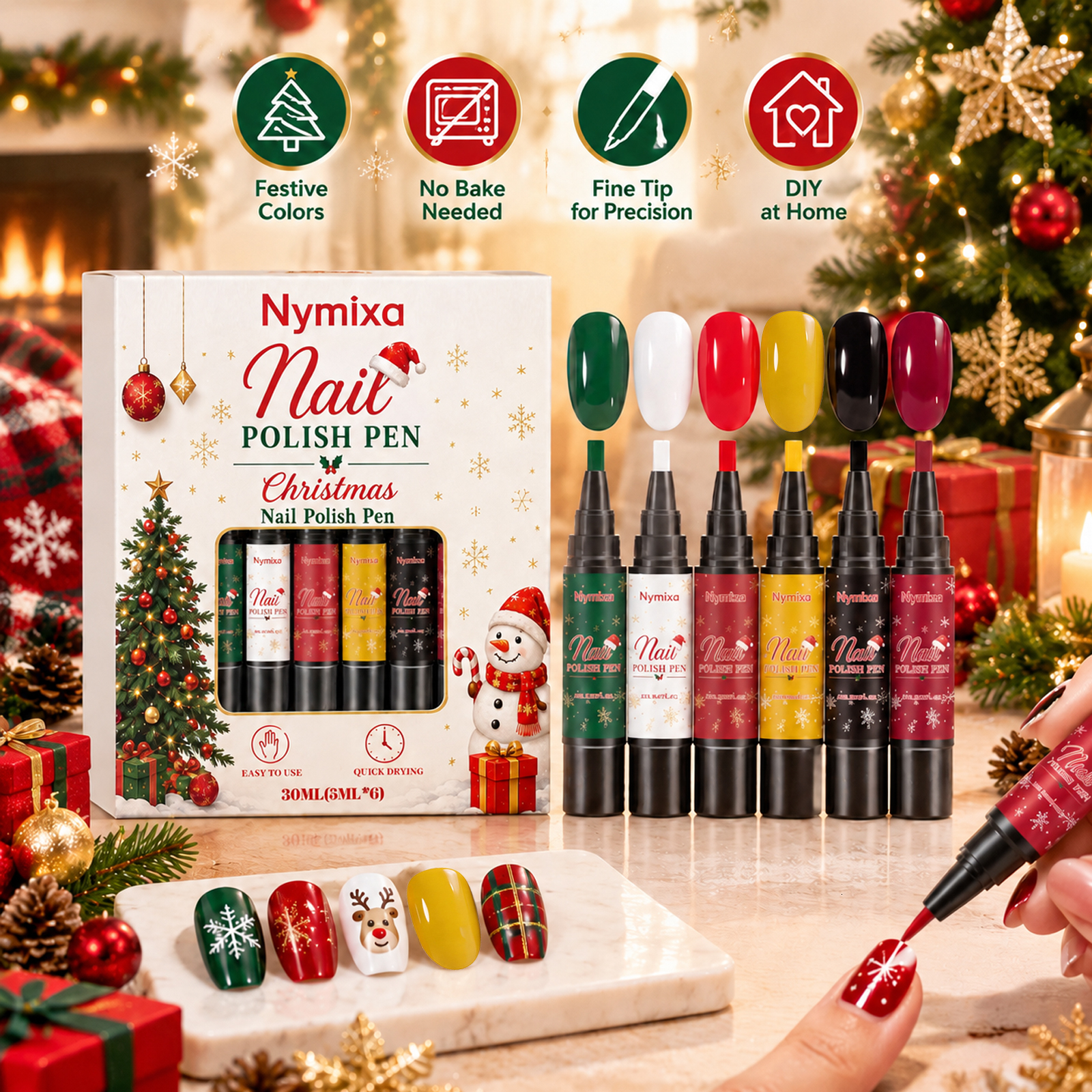 Luxe 2026 Nouveau stylo de vernis de Noël 6 couleurs Séchage rapide sans UV DIY Kits d'art d'ongle Manucure Décoration d'ongle Fournitures d'art