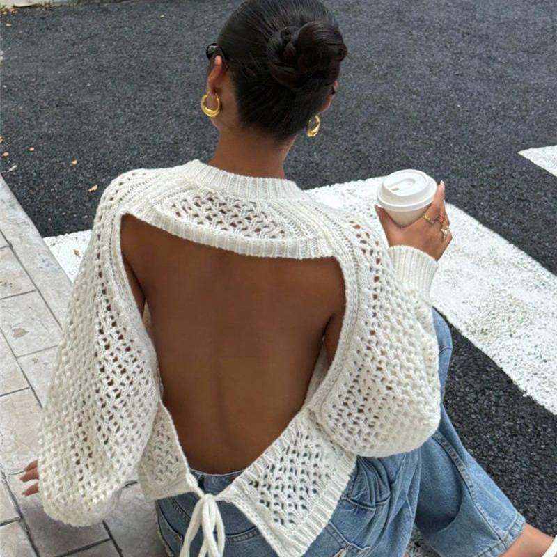 Designer Haute Qualité Femmes Dos Ouvert Évider Pull Pull Pull 2025 Automne Français Romantique À Manches Longues Géométrique Lâche Top