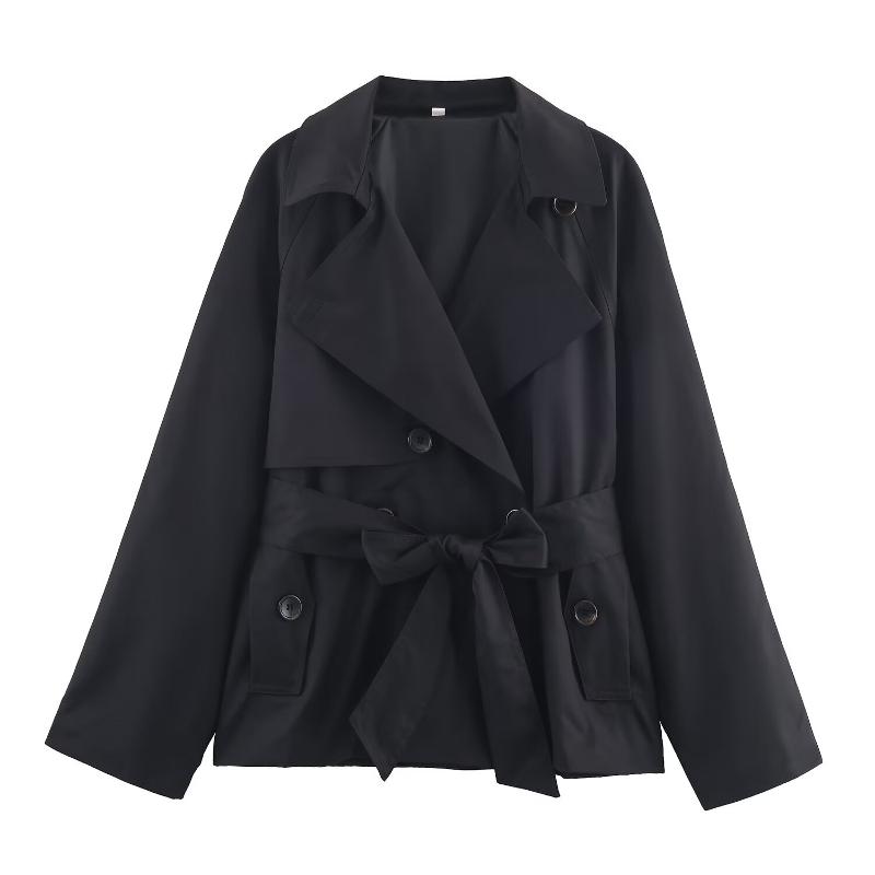 Trench court doublé pour femme Col cranté Patte de boutonnage double Fermeture de ceinture en tissu Poches à rabat latérales Poignet droit uni Ma