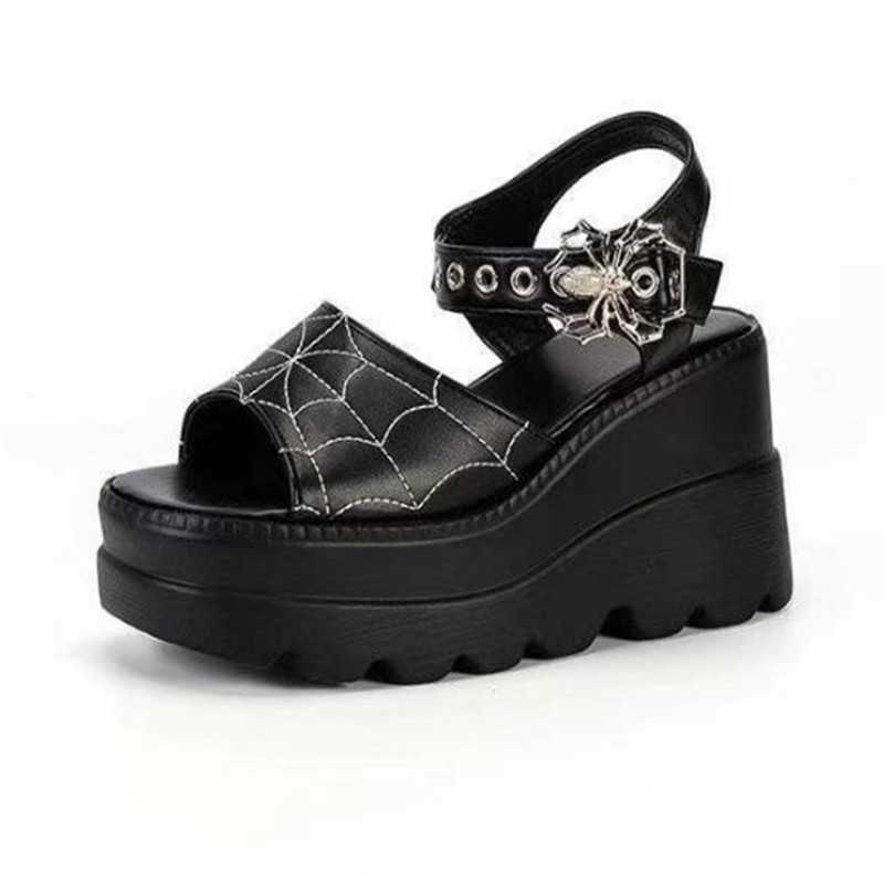 Summer 2026 New Gothic Thick-Soled Sandals Punk Style Hot Girl 9cm Spider Web Embroidery Spider Buckle Women's Shoes S261023