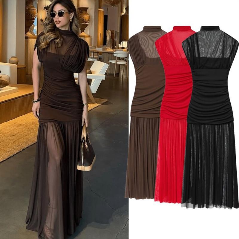Robe mi-longue froncée pour femmes, sans manches, col montant, taille haute, moulante, élégante, Slim Fit, tenue décontractée, printemps, 2026