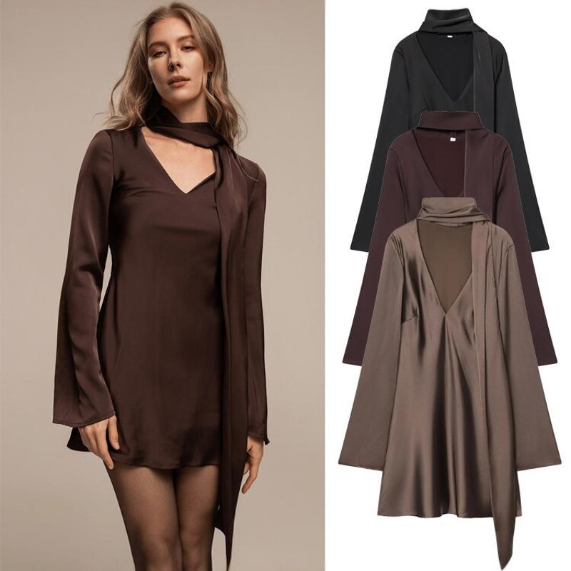 Robe de styliste pour femmes, couleur unie, col en V, manches longues, coupe ajustée, sensation de Satin épissé, écharpe, printemps décontracté,