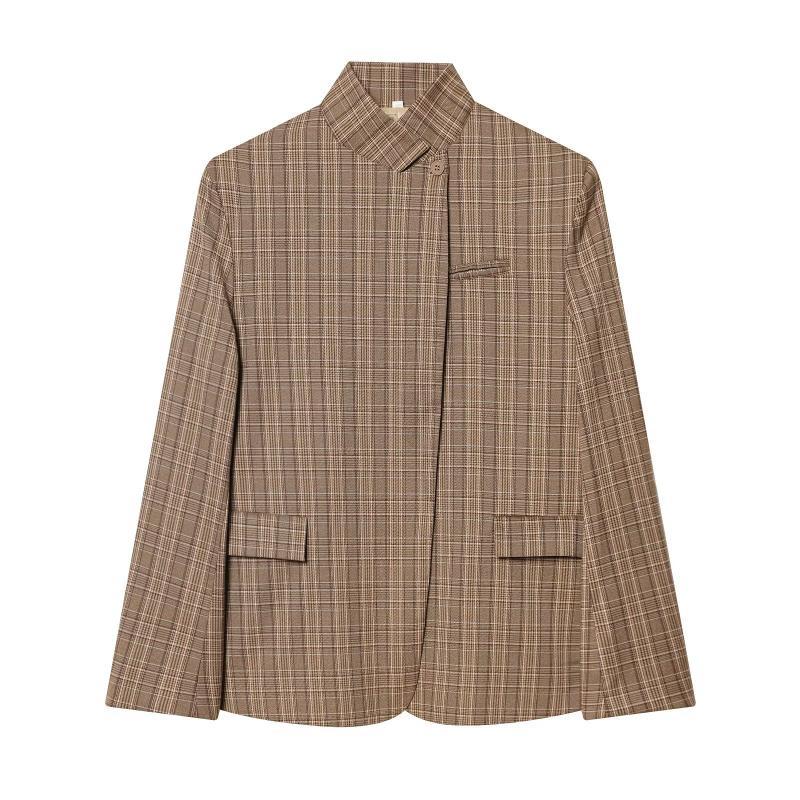 Blazer en mélange de lin à carreaux pour femmes, veste à manches longues, col montant, simple boutonnage, décontracté, ample, Streetwear, vêtemen