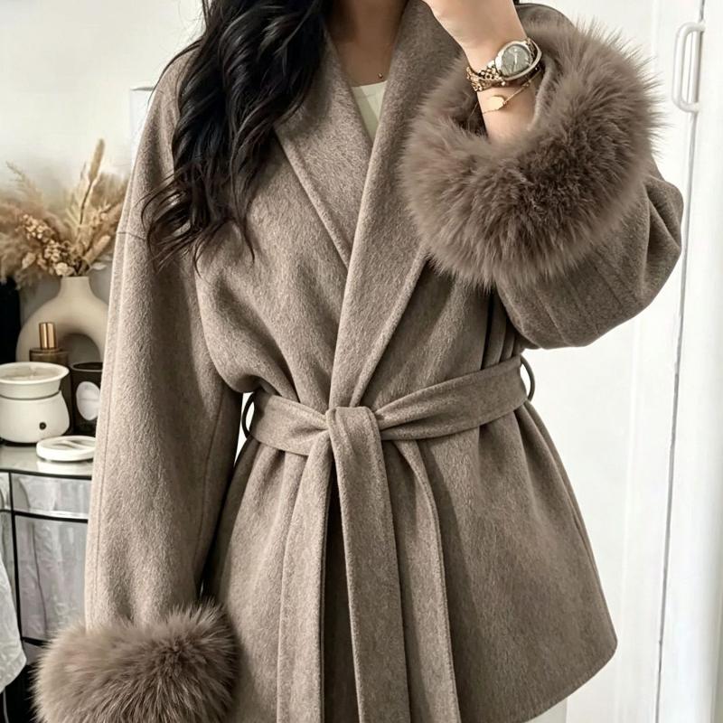 Designer High Quality Women's Short Double-Faced Wool Blend Coat Lace-Up Patchwork Fox Fur Cuff Elegant Commuter Winter Outerwear
