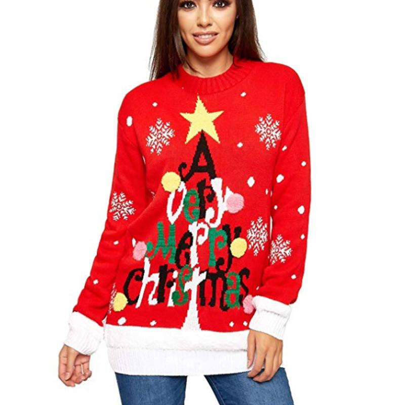 Designer High Quality Women Christmas Tree Letter Jacquard Knit Pullover Sweater Loose Round Neck Long Sleeve Red Black S-XXL