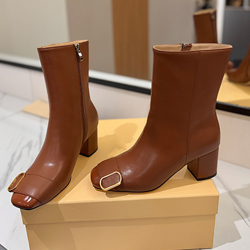 Luxury Square Toe Short Boots Womens High Quality Smooth Leather Metal Square Buckle Decorative Toe Cap Thick Heel Side Zipper Fashion Boots