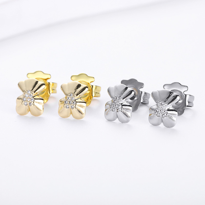 New Fashion Women Girls Bear Silver Gold Stainless Steel Copper White Color Zircon Span Cartoon Animal Hollow Oso Pulsera Stud Earrings Jewelry