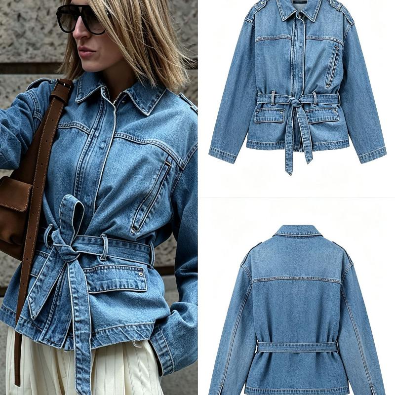 Women's Designer Denim Style Turn-Down Collar Waist Tie Casual Loose Jacket Spring Autumn Streetwear Outerwear