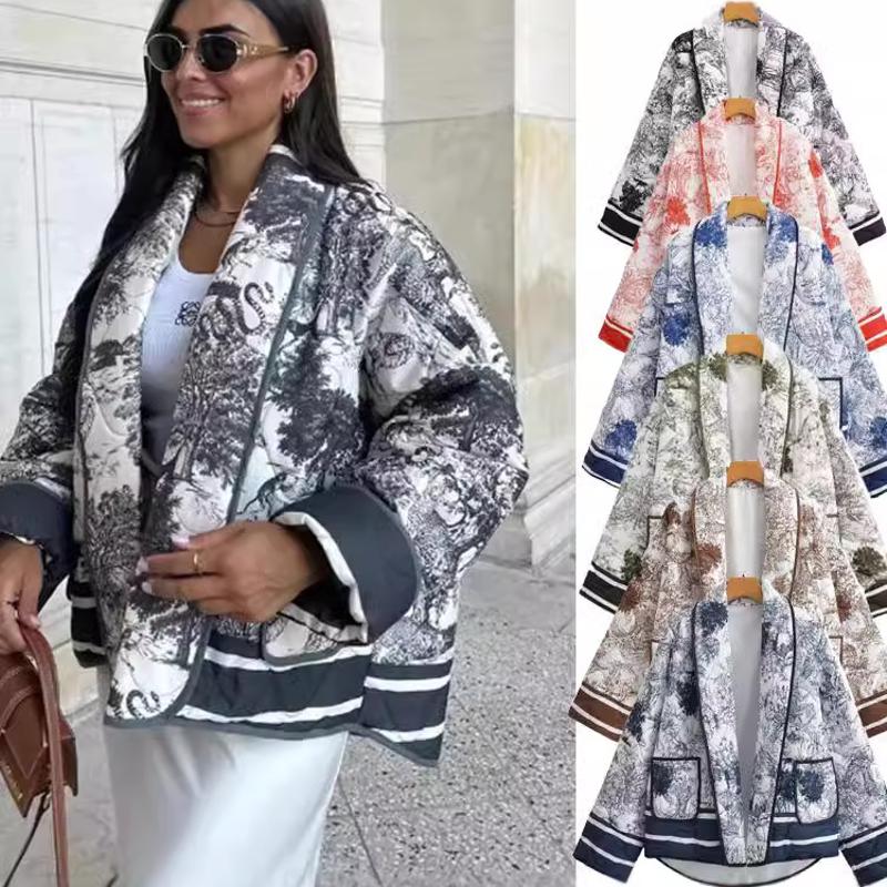 Women's Printed Padded Jacket Double Pocket Open Front Long Sleeve Loose Streetwear Autumn Winter Coat