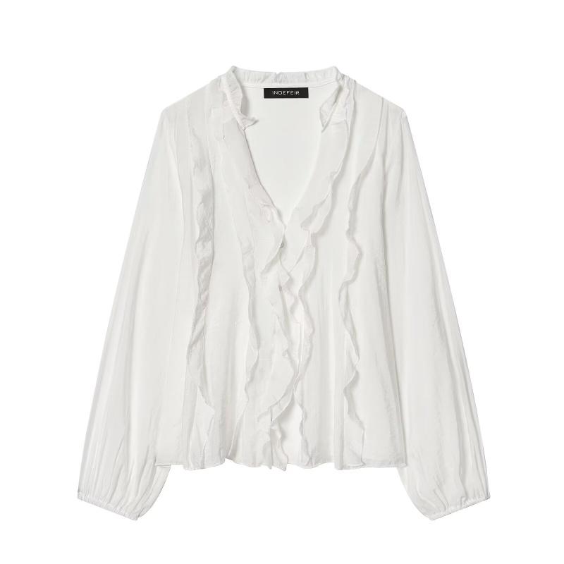 Womens Semi Sheer Polka Dot Blouse Frill Trimmed V Neckline Vertical Button Closure Cascading Ruffle Details Down The Front Elastic Long Sleeve Shir