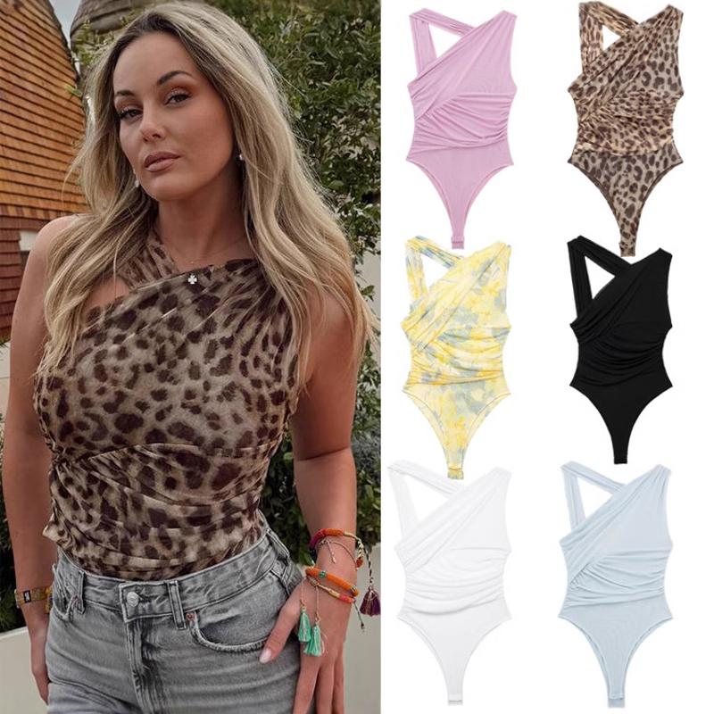 Body en maille sans manches pour femmes, Sexy, asymétrique, froncé, taille haute, barboteuse courte, Clubwear imprimé, extensible, printemps été,