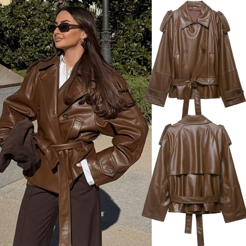 Manteau texturé marron de créateur pour femmes, veste de motard ceinturée à double boutonnage, manches longues à revers, adapté aux déplacements