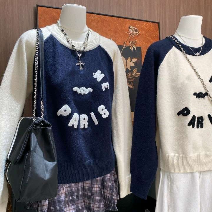 Women spring o-neck letter embroidery color block knitted desinger sweater jumpers SMLXL