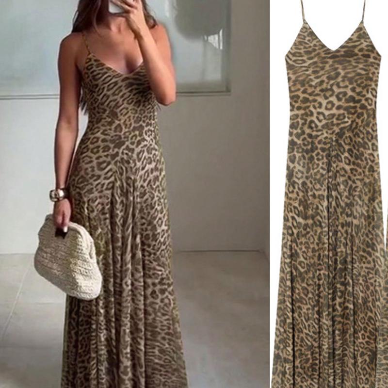 Robe Maxi de styliste imprimé léopard pour femmes, col en V, taille haute, sans manches, coupe cintrée, moulante, fête, Club, Streetwear, été