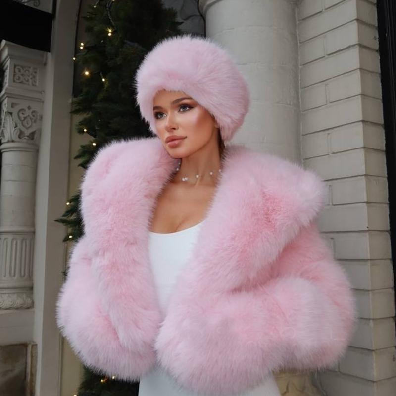 Designer High Quality Elegant Women's Pink Faux Fur Coat Hooded Plush Winter Jacket Warm Fluffy Overcoat with Pockets XS-4XL