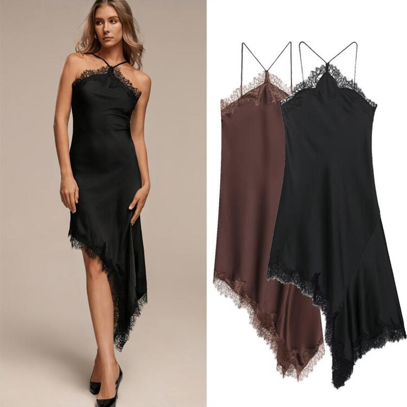 Women's Lace Satin Halter Dress Split Sleepwear Nightdress Summer Backless Criss Cross Party Club Irregular Hem
