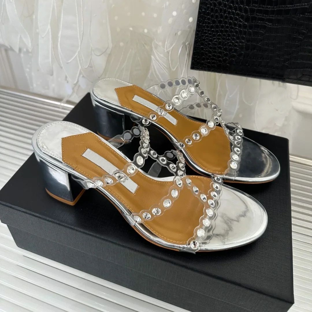 Summer aqua heel gladiator Sandal woman block Chunky heel Designer slipper Suede leather sequin Rhinestone pump kitten Luxury Casual Sandale dress B