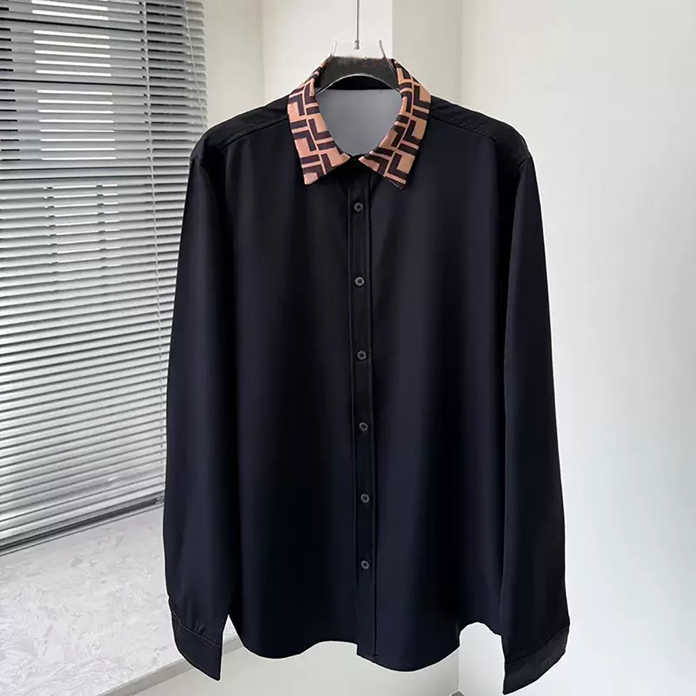 Designer brand clothing, high-quality men's black FF floral contrasting collar long sleeved shirt, loose collared shirt with drape, light luxur