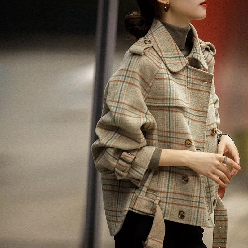 Wool Short Coat Jackets Blends Turn Down Collar Coat Plaid Print Y2k Streetwear Jacket Work Outerwear Autumn Winter 261014
