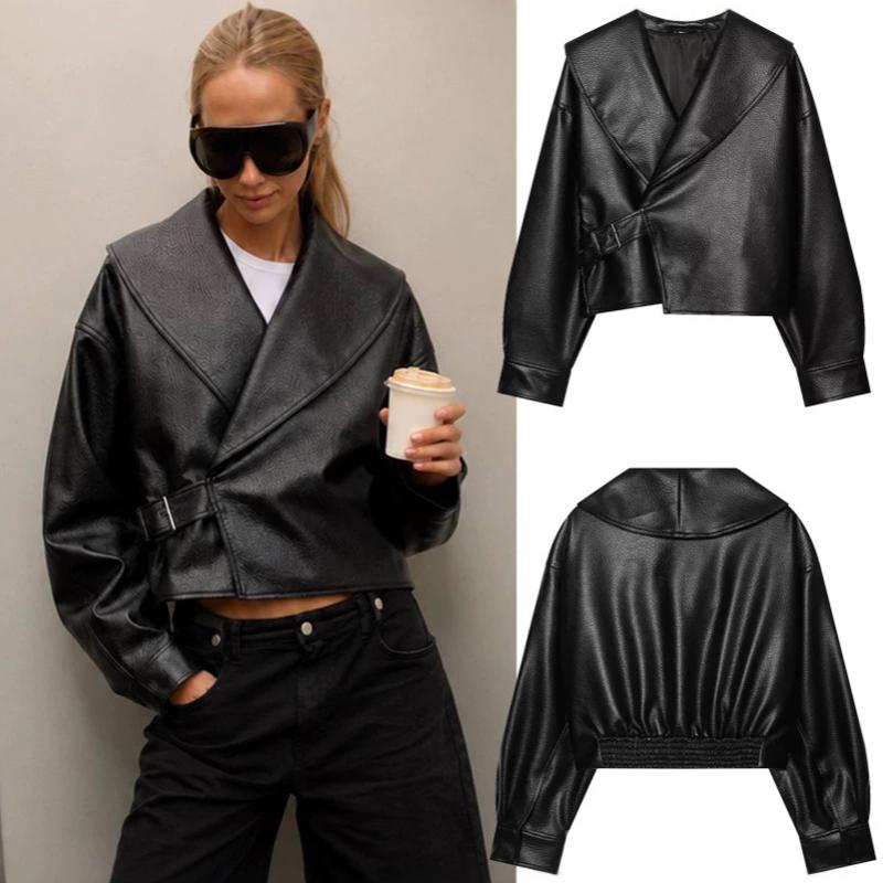 Veste en simili cuir de styliste pour femmes, automne-hiver, revers à manches longues, boucle, manteau court, Streetwear